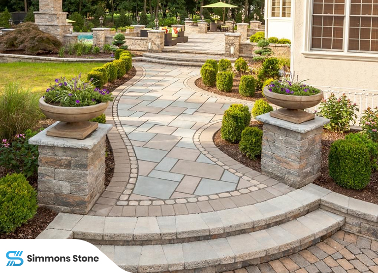 Outdoor space with decorative stone accents and gravel pathway