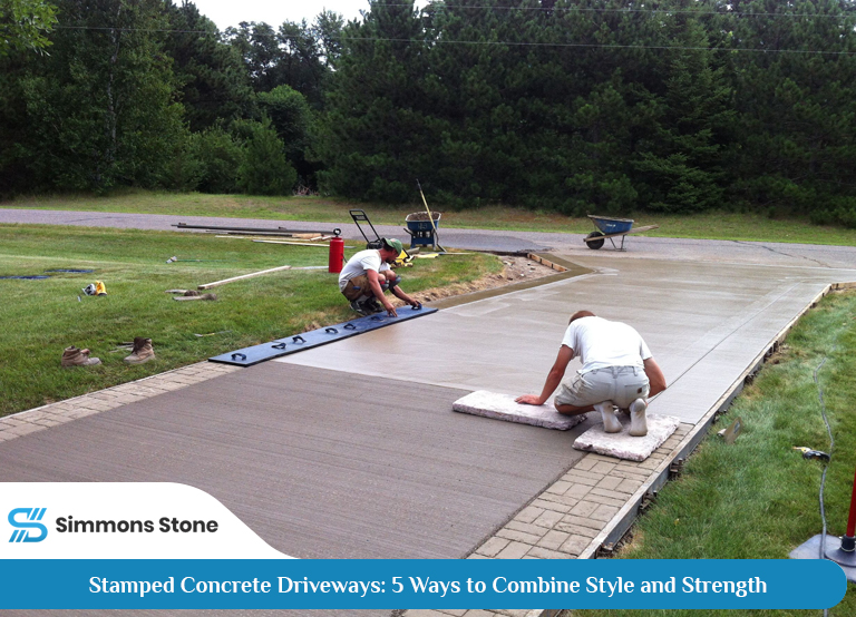 Workers installing stamped concrete driveway